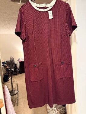 LOFT Burgundy Short Sleeve Shift Dress with White Ruffle Collar Detail
